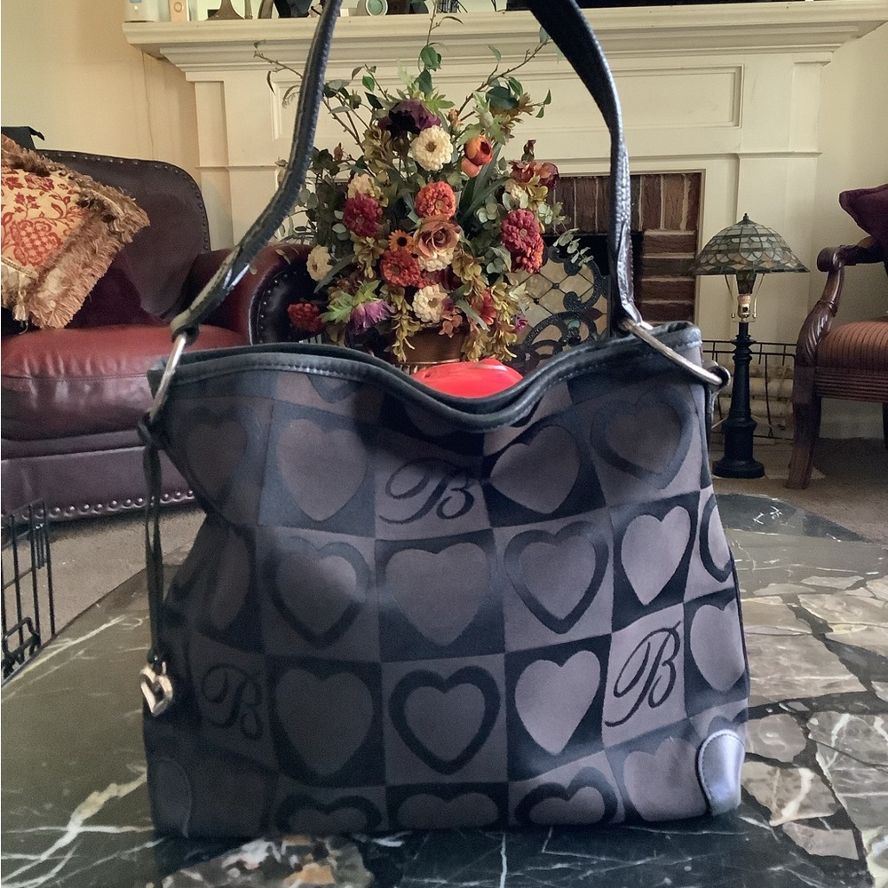 Brighton brown/black all over logo heart print silky nylon leather hobo bag 13x7